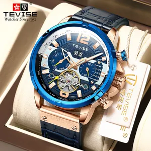 Tevise T885F Sport Montres pour Hommes Bleu De Luxe automatique Montre-Bracelet En Cuir Homme Horloge Mode Chronographe Montre-Bracelet