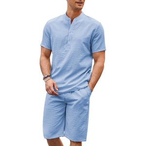 Conjunto de 2 Piezas de <span class=keywords><strong>Lino</strong></span> para <span class=keywords><strong>Hombre</strong></span>, Camisas Henley Casuales de Manga Corta, Pantalones Cortos de Yoga para Playa, Trajes de Verano - Product Image 3