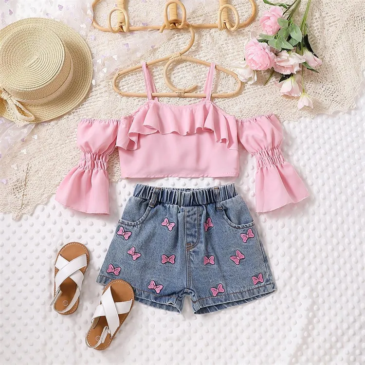 Vêtements pour bébés Vente en gros Toddler Summer 2pcs Girls Outfits Strap Off Shoulder Flare Sleeve Tops + denim Shorts Suit