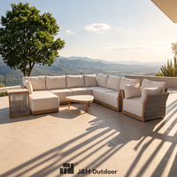 Ensemble de canapés incurvés en rotin PE et aluminium de luxe J&M T830B, cordage tressé artisanal, coussins épais, table basse ronde, style jardin zen