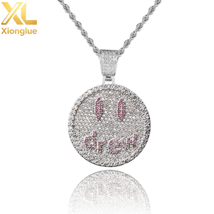 Hot Sale Hip Hop Rapper Jewelry Valentine's Day Gift <b>Iced</b> <b>Out</b> Smile Face Round Drew Pendant Necklace for Couple - Product Image 1