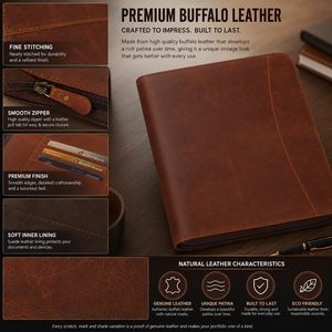 Leather Padfolio Portfolio Organizer with Zipper Professional <b>Document</b> Tablet <b>Holder</b> Rectangle Desk Storage Bag Compression Type - Product Image 5