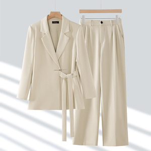 Conjunto Profesional de Primavera/Otoño para Mujer, Color Liso, Mangas Largas y Cortas, Blusa con Botones, Pantalón de Pierna Ancha - Product Image 3