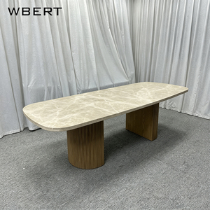 Table à manger ovale en marbre de style américain WBERT, plateau en pierre et base en bois massif, mobilier contemporain pour la maison - Product Image 5