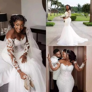 Off Shoulder Long Sleeve Mermaid Wedding Dress Sweetheart Neckline <b>White</b> <b>Lace</b> Bridal Gown Natural Waist Slim Fit - Product Image 1