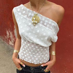 Camiseta de Mujer con Tela Jacquard Chic, de Alta Calidad, Nueva Llegada, Sexy, con Hombros Descubiertos, Cintura Fruncida, Estilo Club Nocturno - Product Image 4