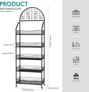 Heavy-Duty 5-Tier đen kim loại snack Rack hiển thị đứng thân thiện với môi bán lẻ Kệ bánh xe móc cho nhà bếp giá - Product Image 2
