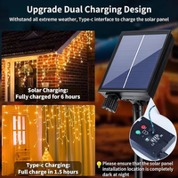 Guirnalda de Luces Solares en Forma de Carámbanos, 10 Metros, 100 LED, Recargable Automáticamente, IP65, Impermeable, Decoración Navideña para Exteriores, con Control Remoto y Temporizador, Alimentación USB
