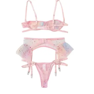 Europe New Pink Bras Women Underwear 3 Piece Bra+panties+garter