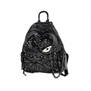 Mochila de Moda Estilo Retro, Lavada, con Remaches de Cadena, Estilo Motociclista, Gran Capacidad, Forro de Nailon, Cierre de Cremallera, para Mujer - Product Image 2