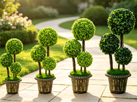 Pohon Topiary Bola Tiga Buah Buatan dalam Pot, Tanaman Hijau Boxwood Palsu untuk Proyek Lanskap Taman Villa Luar Ruangan