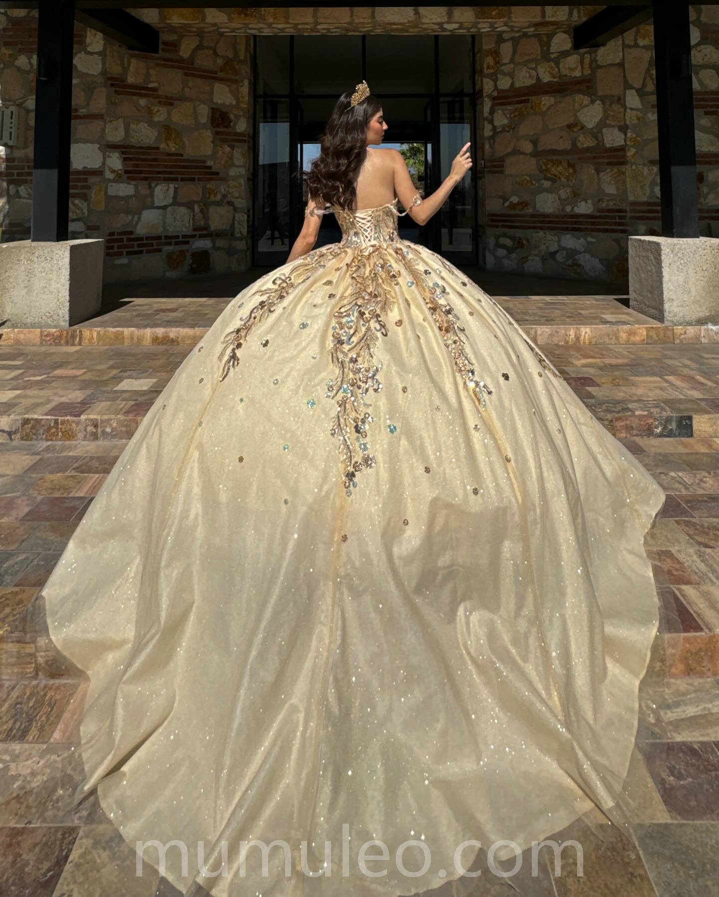 gold quinceanera homecoming dresses GLS GL3810 Long Quinceanera Corset Ball Gown Sequin Dress main image 1