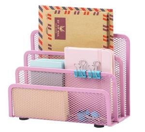 Organisateur de courrier de bureau, porte-documents, trieur de lettres avec 3 compartiments verticaux en métal maillé pour la maison ou le bureau, rose - Product Image 3