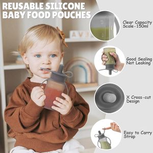 Pochettes réutilisables en silicone pour aliments pour bébés, pochettes à presser pour tout-petits, enfants, stockage d'aliments pour bébés rechargeable pour purée maison - Product Image 4