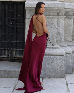 Nastro di raso abiti lunghi con <span class=keywords><strong>spalle</strong></span> <span class=keywords><strong>scoperte</strong></span> senza schienale di temperamento Slim Fit elegante donna Club festa Maxi <span class=keywords><strong>abito</strong></span> - Product Image 5