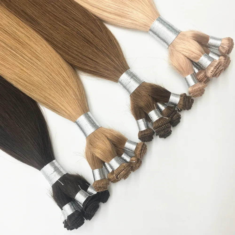 100% Russian Human Virgin Remy Hair Extensions Thick End Hand Tied Weft Double Drawn Handtied
