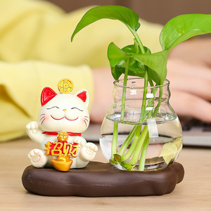 Figurine de chat porte-bonheur, ensemble de plantes hydroponiques, décoration de bureau en résine Feng Shui, ensemble multi-pièces, cadeau du Nouvel An chinois - Product Image 3