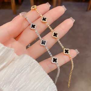 Pulsera de tenis Resoul Black <span class=keywords><strong>Van</strong></span> Four Leaf Clover <span class=keywords><strong>Cleef</strong></span> Cz, chapada en oro sobre latón, pulseras al por mayor, pulsera de lujo para mujer - Product Image 1