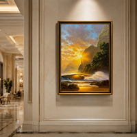 Peinture à l'huile peinte à la main Coucher de soleil sur la mer, Vague de l'océan, Falaise, Rayons de soleil dorés, Paysage marin de la côte rocheuse, Décoration murale sur toile