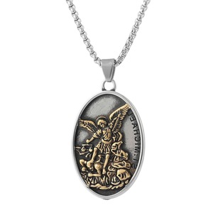 yunnique Stainless Steel Saint Michael Pendant Necklace With <b>Angel</b> Wings Unisex Gift Jewelry Oval <b>Charm</b> - Product Image 5