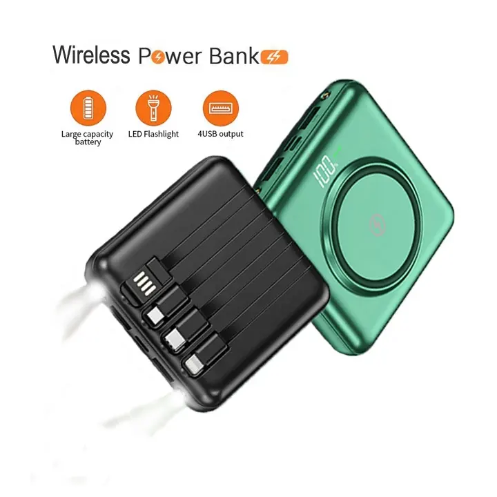 New Fashion Universal Mini Wireless Power Bank LED Light Portable External Battery Pack with 4 Cable Fast Charging Power Charger