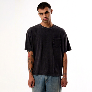 Acid Wash Regular Fit T-Shirt Black 100% Cotton Knitted Breathable <b>Turtleneck</b> Short Sleeve Casual Style Chest Pocket Newest - Product Image 1