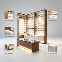 Étagère murale de luxe pour lunettes optiques avec éclairage LED, cadre en bois, dessus en verre, vitrine îlot, tiroir verrouillable