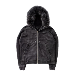 Blouson moto zippé à capuche en fausse fourrure noire pour homme, coupe classique, coupe-vent, doublure polaire, hiver - Product Image 1