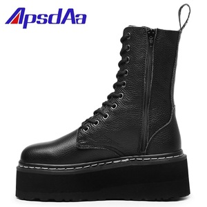 Botas de Plataforma a Media Pantorrilla para Mujer, Talla Grande, de Cuero Vacuno Genuino, Zapatos Gruesos para Mujer, Botas de Tobillo Midi, Estilo Universitario - Product Image 1