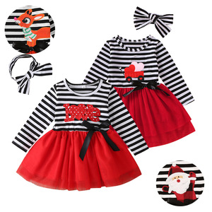 Vestido de Fiesta Navideño para Niña, Manga Larga, Estampado de Ciervo con Rayas Bordadas - Product Image 1