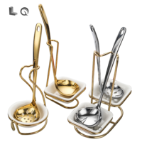 Support de Louche Carré Doré de Luxe en Acier Inoxydable pour Restaurant et Buffet avec Bol à Soupe en Céramique