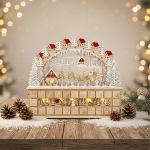 ปฏิทินนับถอยหลังวันคริสต์มาสแบบไม้ LED ขนาดใหญ่ หรูหรา เป็นมิตรกับสิ่งแวดล้อม ทนทาน ตกแต่งด้วยเลเซอร์คัท รูปบ้านหมู่บ้านฤดูหนาว 24 วัน - Product Image 2