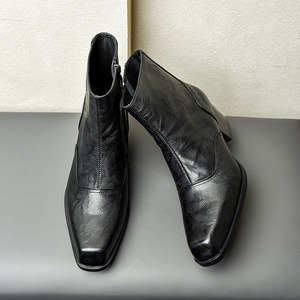 New autumn winter square-<b>toe</b> high-heeled boots men increasing height <b>by</b> 5cm English-style side-zip genuine leather short boots - Product Image 2