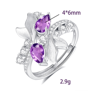 Bagues de mariage modernes élégantes en argent sterling 925 plaqué or, ajustables, avec pierres naturelles 4*6mm, motif feuille brossée et sertissage à griffes - Product Image 6