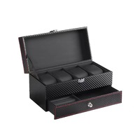Boîte à montres en fibre de carbone PU, 4 emplacements, double couche, avec tiroir, boîte de rangement de luxe pour montres, organiseur de présentation de montres