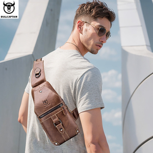 Bolso Bandolera de Cuero Genuino para Hombre BULLCAPTAIN, Logotipo Grabado, Cierre de Cremallera, Tamaño Pequeño, para Uso Diario, Bolso de Pecho, Bolso Mensajero - Product Image 2
