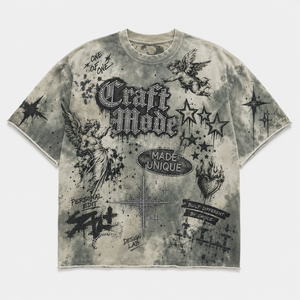 เสื้อยืดซันเฟดด์ผู้ชาย 300gsm ผ้าฝ้าย 100% ล้างสีแบบ Dirty Wash พิมพ์ลายกราฟิก ประดับเพชร ทรงบ็อกซี่ สไตล์ Distressed Streetwear - Product Image 1