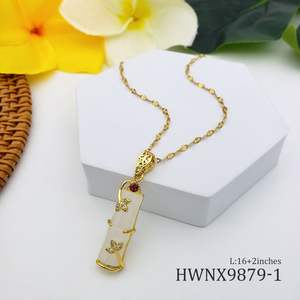 Gerçek altın kaplama paslanmaz çelik kolye takı uzun bambu şekli pembe doğal yeşim taşlı kolye kadınlar kızlar için - Product Image 4