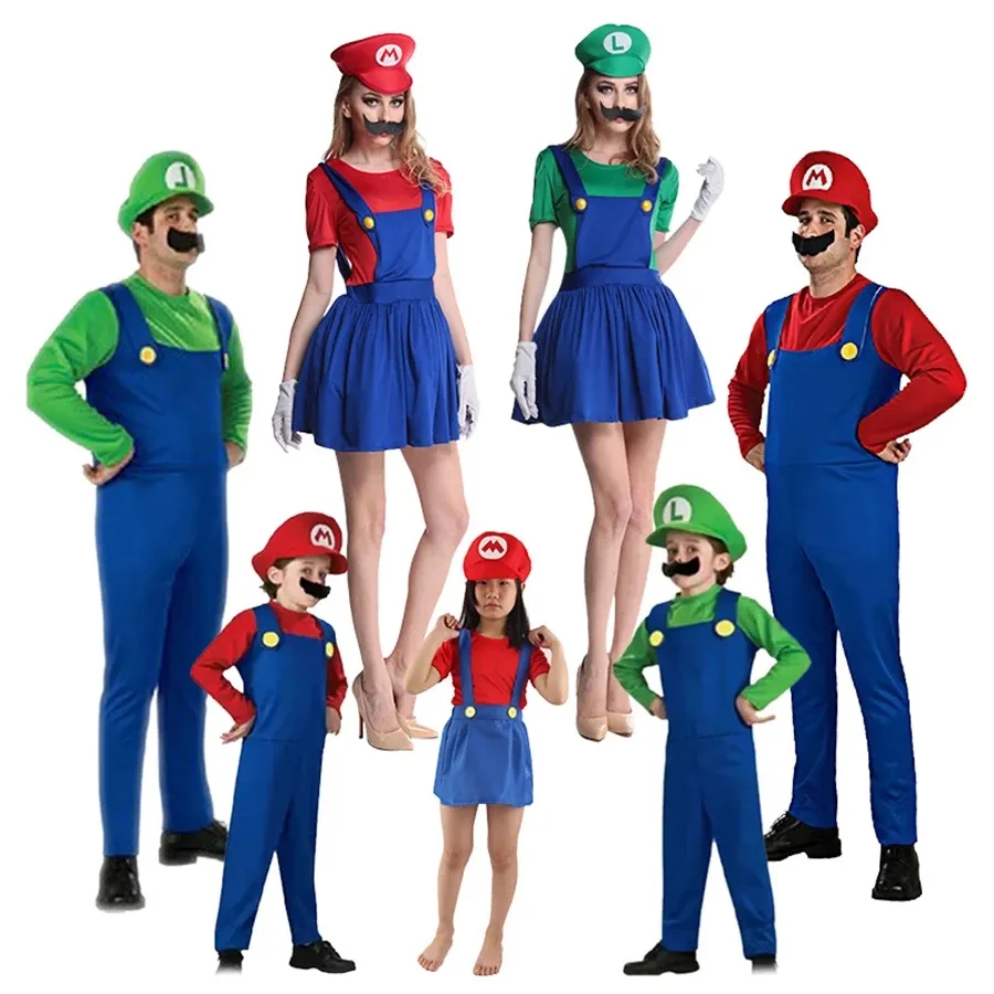 Luigi Mario Brothers Kostuums Cosplay Jumpsuit Mari Luigi Bros Familie Volwassen Kinderen Halloween Kostuum Fancy Party Dress Pak