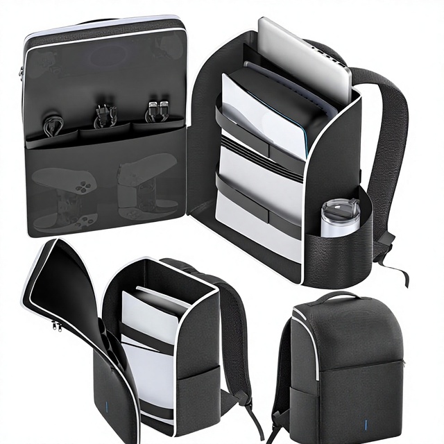 PS5 Pro Travel Backpack for Gamers Large Capacity Denim Console Case with Dual Controller Holders Zipper Closure for Gaming
