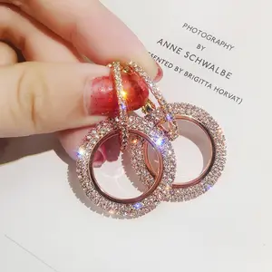 한국어 기하학 원 전체 다이아몬드 더블 후프 귀걸이 버클 현대 골드 스톤 여성 반짝 드롭 라인 석 귀걸이