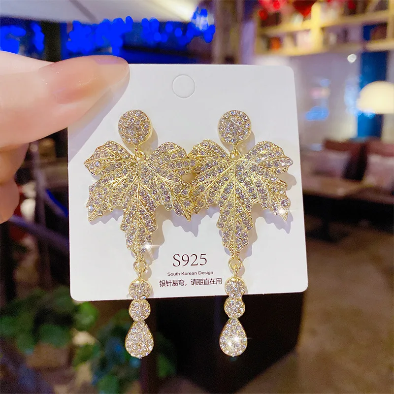 Geometric long tassel earrings Elegant fashion style inlaid zircon earrings Korean temperament female earrings