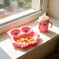 Assiette Bébé en Silicone à Ventouse avec Compartiments, Motif Hibou de Dessin Animé, Sans BPA, Qualité Alimentaire, pour Repas d'Enfants