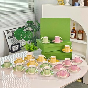 Colorful Geometric Ceramic Coffee Cup And Saucer <b>Set</b> 6 Pieces Bone China Espresso Cups For Home Kitchen And Afternoon Tea - Product Image 6