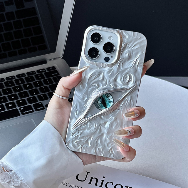 Trendy Crinkle Texture Evil-Eye 3D Electroplated Phone Case Shock-Resistant Anti-Drop Protective Case for iPhone Precise Cutouts