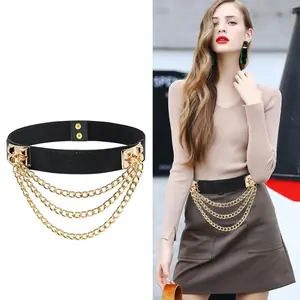 European and America Popular Gold Tassel Chain Belts Women PU Leather Elastic Waist Belts