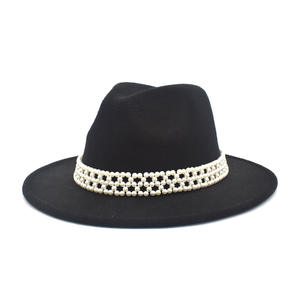 Sombrero Fedora de invierno de alta calidad con banda de perlas Fieltro de lana de poliéster de color sólido para fiesta de adultos apropiado - Product Image 1