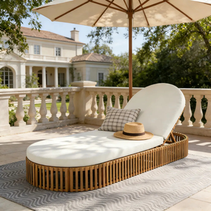 Chaise longue moderne en teck pour extérieur avec dossier réglable et coussin, idéale pour le bord de la piscine, la terrasse, le jardin ou la station balnéaire - Product Image 1