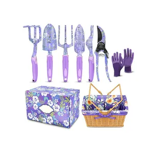 43 pcs 정원 도구 바구니가있는 세트 키트 꽃 원예 손 도구 세트 보라색 원예 도구 및 장비