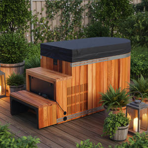 <span class=keywords><strong>Vasca</strong></span> da <span class=keywords><strong>Bagno</strong></span> Fredda Integrata Semi-Ellittica Moderna con Rivestimento in Acciaio Inox e Superficie in Cedro Rosso per Spa, Produzione Diretta Vapasauna - Product Image 1